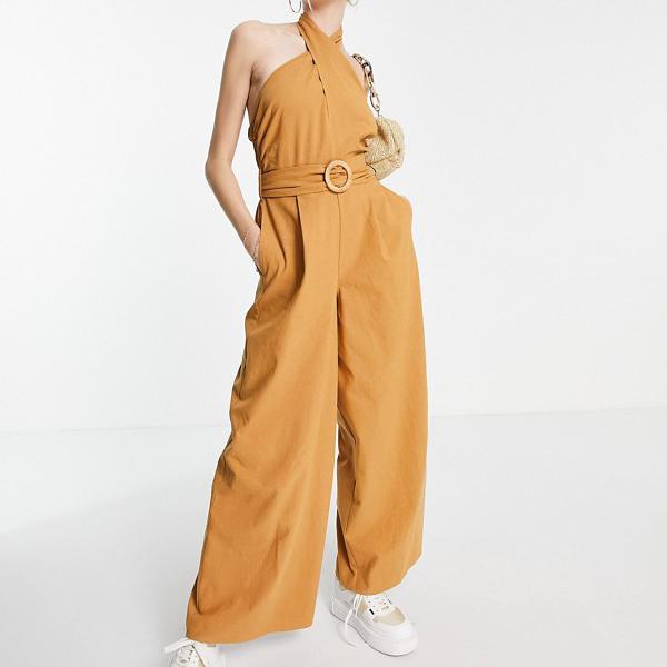 適当な価格 エイソス Asos Asos Asos Designクロスフロントホルターネックジャンプスーツ 砂の籐ベルト付き オールインワン レディース 女性 インポートブランド 小さいサイズから大きいサイズまで 世界的に有名な Kanematsuusa Com