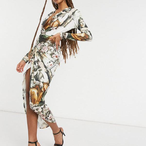 レディースファッション ドレス 高品質の激安 ジョンザックプランジフロントラップディテールマキシドレスマルチエンジェルプリント ワンピース 小さいサイズ から大きいサイズまで インポートブランド 女性 レディース Prometheo Pe