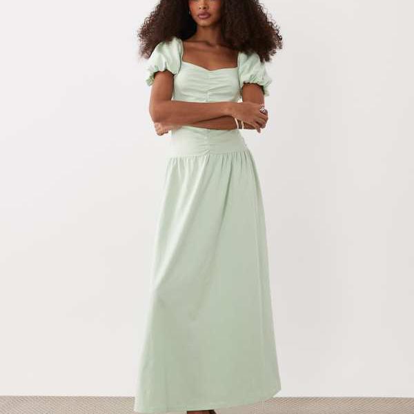エイソス ASOS asos ASOS DESIGN ギャザー入りフロントミディ丈ティードレス（セージグリーン） ワンピース レディース 女性 インポートブランド 小さいサイズから大きいサイズまで