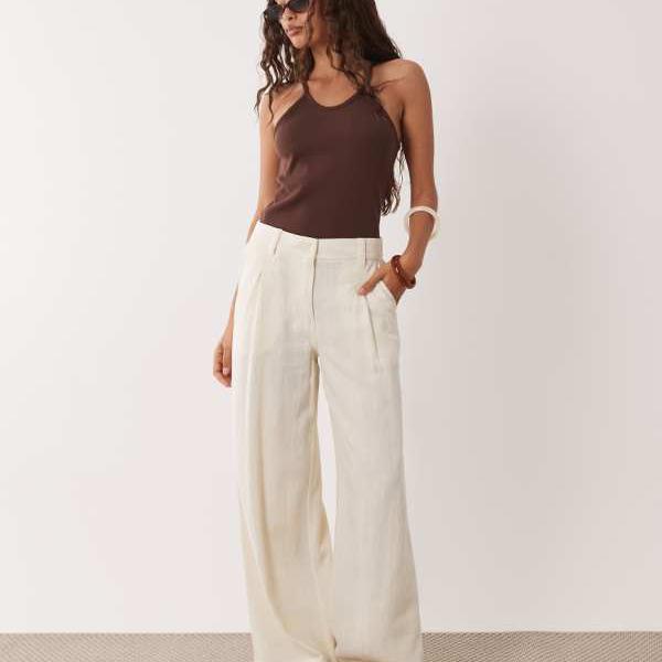 エイソス ASOS asos ASOS DESIGN プチサイズ ワイドレッグパンツ 筋目品目 リネン混 皮膚軟化剤色 ズボン下 下つ方 レディース お上さん インポートブランド 小っちゃい大いさから馬鹿でかい大いさまで