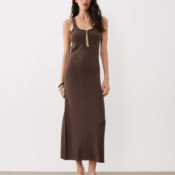 エイソス ASOS asos ASOS DESIGN ニットコットンブレンド U字スクープ マキシドレス（チョコレート） ワンピース レディース 女性 インポートブランド 小さいサイズから大きいサイズまで