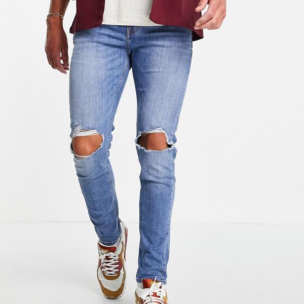 エイソス Asos Asos Asos Designスキニージーンズ ミッドウォッシュ ニーリップ パンツ ボトム メンズ 男性 インポートブランド 小さいサイズから大きいサイズまで Andapt Com