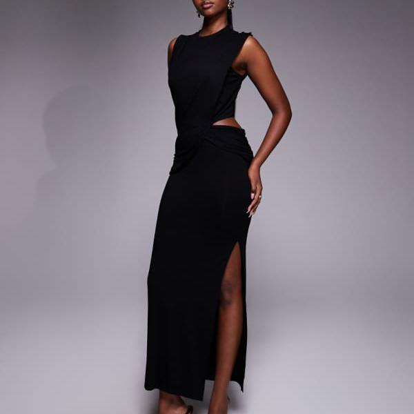 エイソス ASOS asos ASOS DESIGN ハイネック ドレープサッシュ ミディドレス（ブラック） ワンピース レディース 女性 インポートブランド 小さいサイズから大きいサイズまで