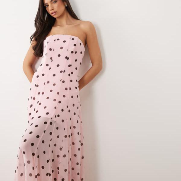 フォーエバーニュー Forever New フォーエバーニューのピンクのドット柄シフォンバンドゥマキシドレス ワンピース レディース 女性 インポートブランド 小さいサイズから大きいサイズまで
