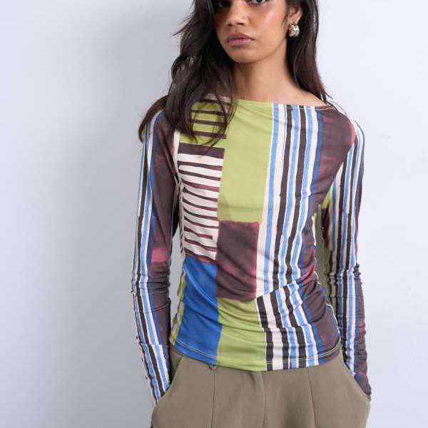 トップショップ Topshop TOPSHOP トップショップのアブストラクトストライププリントマイクロファイバーロングスリーブトップス（マルチカラー） トップス レディース 女性 インポートブランド 小さいサイズから大きいサイズまで