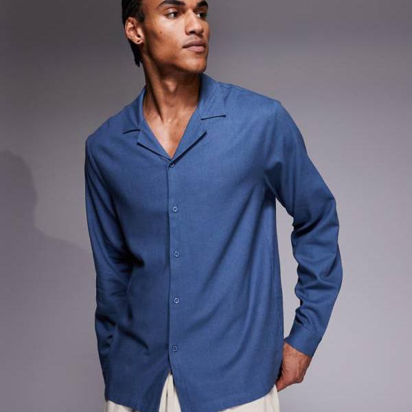 サウスビーチ SOUTH BEACH South Beach サウスビーチの長袖リネンシャツ（デニムブルー） トップス メンズ 男性 インポートブランド 小さいサイズから大きいサイズまで