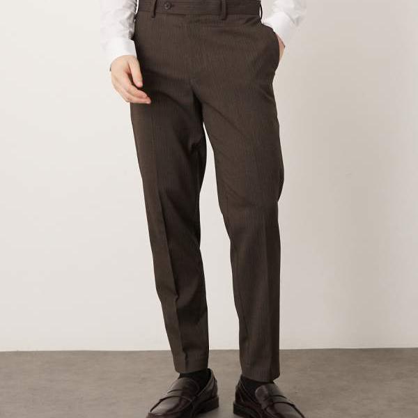 エイソス ASOS asos ASOS DESIGNのブラウンストライプ織りのスマートなテーパードパンツ パンツ ボトム メンズ 男性 インポートブランド 小さいサイズから大きいサイズまで