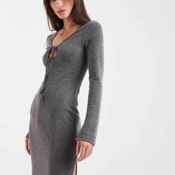 エイソス ASOS asos ASOS DESIGN リブ編み長袖タイフロントミディドレス（チャコール） トップス レディース 女性 インポートブランド 小さいサイズから大きいサイズまで