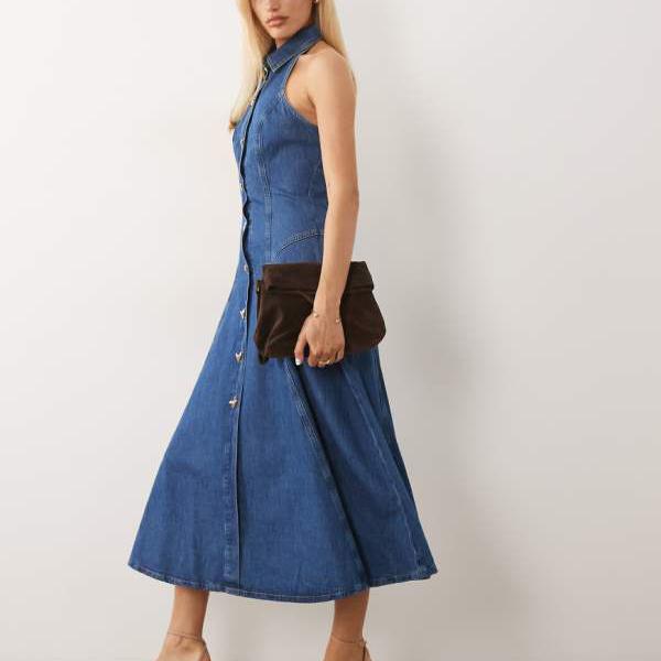 ASOS LUXE デニムプリーツミディドレス、ハート形名取り草付き添い人、ミッドウォッシュブルー 衣裳 レディース お上さん インポートブランド 小っちゃい大いさから馬鹿でかい大いさまで