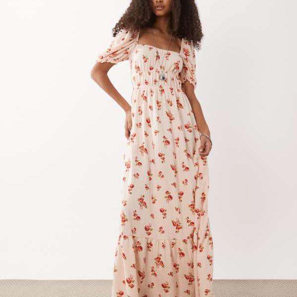 ミスセルフリッジ Miss Selfridge  ミス・セルフリッジのシアサッカー原材料のパフスリーブ・ミルクメイドマキシドレス（ピーチフローラルプリント） 衣装 レディース 成人女性 インポートブランド 弱められた大きさから馬鹿でかい大きさまで