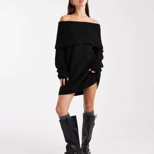 ミスセルフリッジ Miss Selfridge ミスセルフリッジのフォールドオーバーバルドーミニドレス（ブラック） ワンピース レディース 女性 インポートブランド 小さいサイズから大きいサイズまで