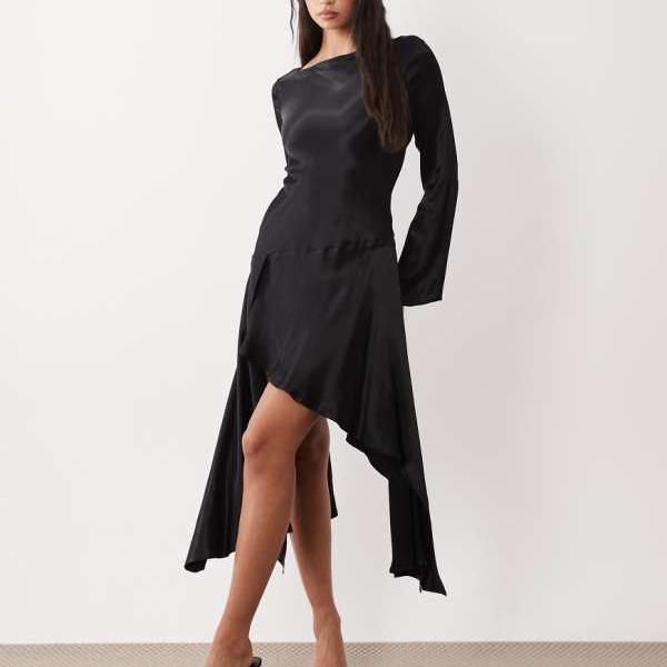 エイソス ASOS asos ASOS DESIGN スラッシュネック ウォーターフォール ミニドレス（ブラック） ワンピース レディース 女性 インポートブランド 小さいサイズから大きいサイズまで