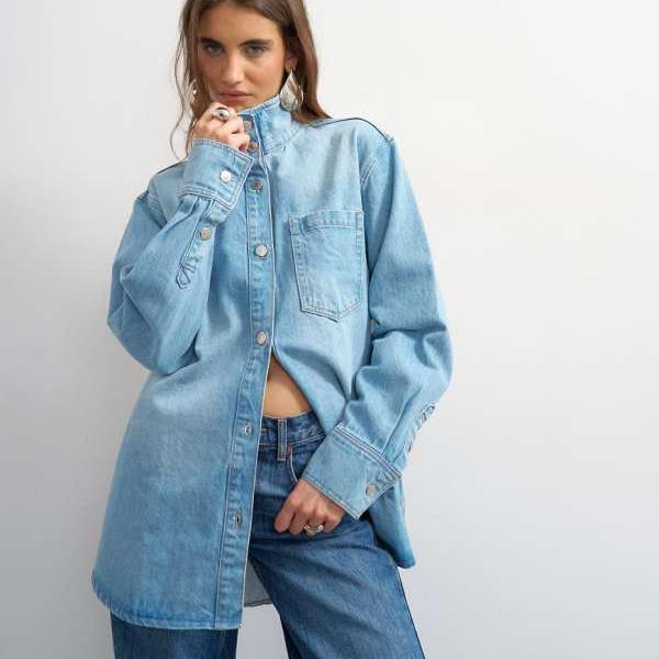 いの一番販売店 Topshop TOPSHOP いの一番販売店のジーンズ製ファンネルネックシャツジャケット（ブリーチ産業） トップス レディース お上さん インポートブランド たわい無い大きさから気が大きい大きさまで