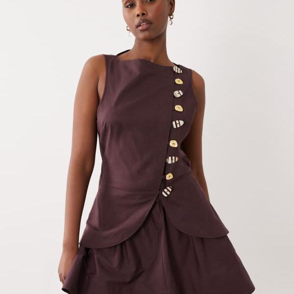 エイソス ASOS asos ASOS DESIGN リネン調ベストミニドレス ポプリンスコート付き添い人 黒茶色つや 衣装 レディース 成人女性 インポートブランド 弱められた大きさから馬鹿でかい大きさまで