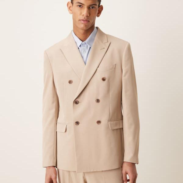 エイソス ASOS asos ASOS DESIGN ダブルブレスト レギュラースーツジャケット（ベージュフィンツイル） アウター メンズ 男性 インポートブランド 小さいサイズから大きいサイズまで 26,033円