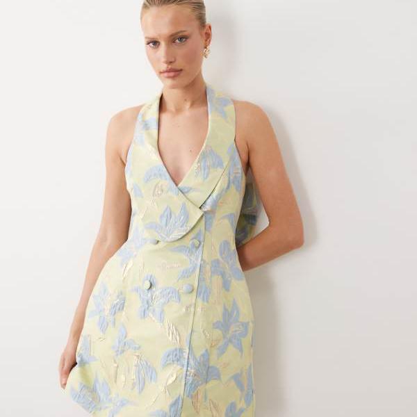 ASOS LUXEのイエローとブルーのジャカード織りミニドレス ワンピース レディース 女性 インポートブランド 小さいサイズから大きいサイズまで