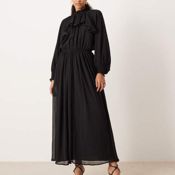 エイソス ASOS asos ASOS DESIGN ハイネック フリルディテール シフォン マキシドレス（ブラック） ワンピース レディース 女性 インポートブランド 小さいサイズから大きいサイズまで