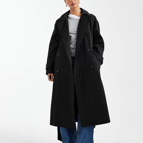 エイソス ASOS asos ASOS DESIGN コットンと撥水加工を施したブラックのプチロングライントレンチコート アウター レディース 女性 インポートブランド 小さいサイズから大きいサイズまで