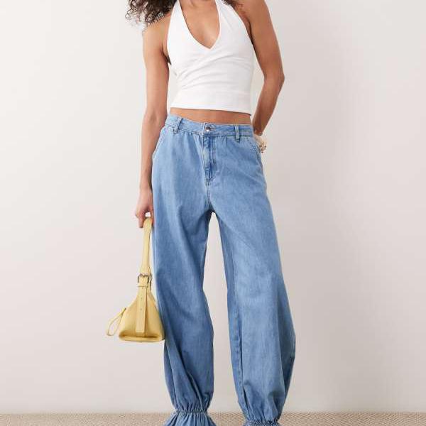 ASOS LUXE バルーンフィットジーンズ、ペーパーバッグカフ付き添い人、ブリーチウォッシュ ズボン下 下つ方 レディース お上さん インポートブランド たわい無い大きさから大層らしい大きさまで