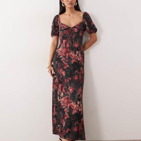 エイソス ASOS asos ASOS DESIGN スカロップ色つや、パフ捩り、シームディテール、ダークフローラルプリントのミディティードレス 衣装 レディース 成人女性 インポートブランド 弱められた大きさから馬鹿でかい大きさまで