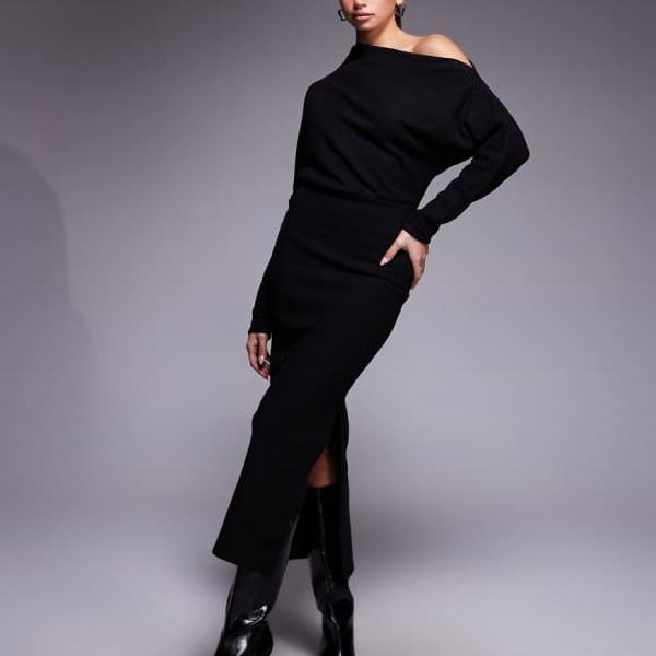 エイソス ASOS asos ASOS DESIGN スーパーソフト ロングスリーブ フォールドショルダー ミディドレス（ブラック） トップス レディース 女性 インポートブランド 小さいサイズから大きいサイズまで