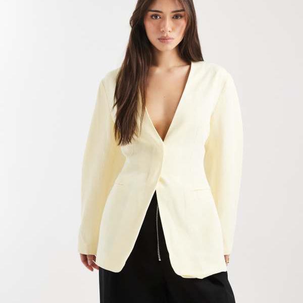 エイソス ASOS asos ASOS DESIGN リネンブレンド シンチカラーレスブレザー ナチュラル アウター レディース 女性 インポートブランド 小さいサイズから大きいサイズまで