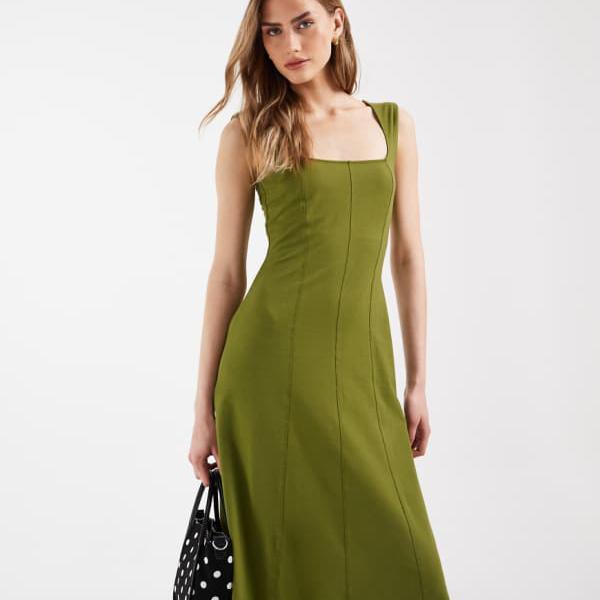 エイソス ASOS asos ASOS DESIGN 真四角のど首 シームディテール MIDIお召しもの（カーキ） 衣装 レディース お上さん インポートブランド たわい無い大きさから気が大きい大きさまで