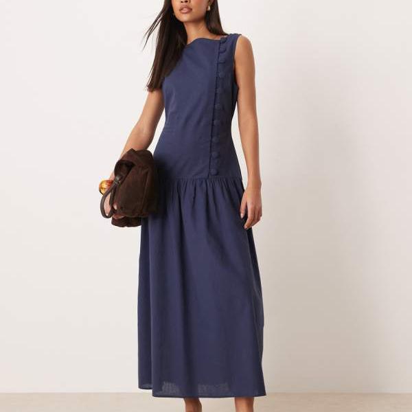 エイソス ASOS asos ASOS DESIGN スラッシュネック アシンメトリー ベスト マキシ丈サマードレス ドロップウエスト ネイビー トップス レディース 女性 インポートブランド 小さいサイズから大きいサイズまで