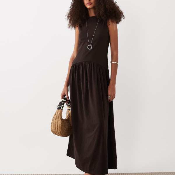 エイソス ASOS asos ASOS DESIGN リブミックスミディドレス（ドロップウエスト、チョコレートカラー） ワンピース レディース 女性 インポートブランド 小さいサイズから大きいサイズまで 10,902円