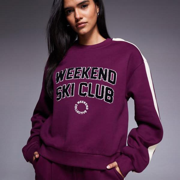 Weekend Collectiveのスキークラブデザイン入りコーディガン、プラムカラーのヘビーウェイトスウェットシャツ トップス レディース 女性 インポートブランド 小さいサイズから大きいサイズまで