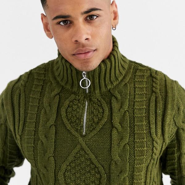 エイソス Asos Asos Asosdesignヘビーウェイトケーブルニットハーフジップジャンパーカーキ トップス メンズ 男性 インポートブランド 小さいサイズから大きいサイズまで Christine Coppin Com