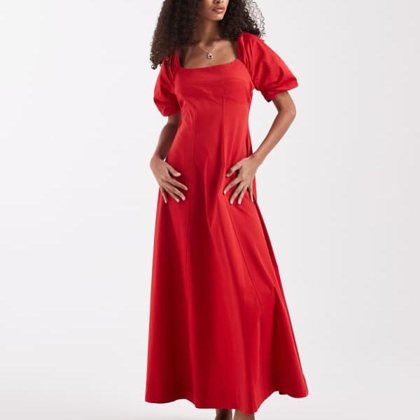 エイソス ASOS asos ASOS DESIGN スクエアネック コットンサテン ミディドレス バックストラップ付き トマトレッド ワンピース レディース 女性 インポートブランド 小さいサイズから大きいサイズまで｜セレクトショップ　Diva　Closet