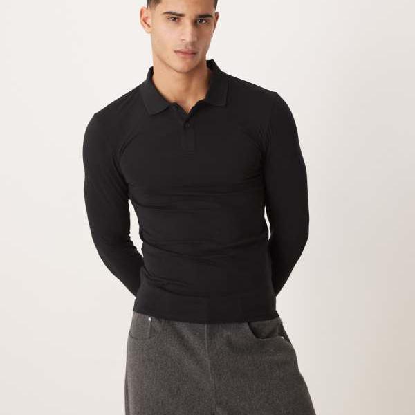エイソス ASOS asos ASOS DESIGN Essentials マッスルフィット ロングスリーブ ポロシャツ（ブラック） トップス メンズ 男性 インポートブランド 小さいサイズから大きいサイズまで