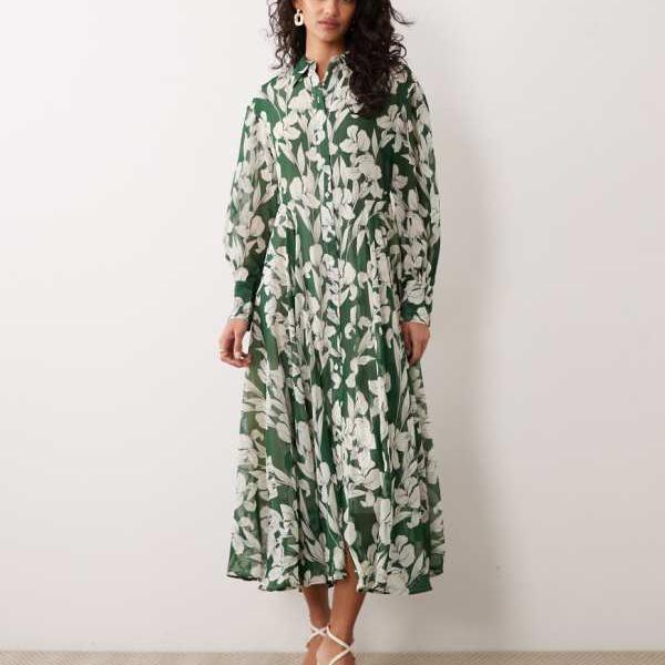 AWARE グリーンフローラルプリントの長袖マキシシャツドレス トップス レディース 女性 インポートブランド 小さいサイズから大きいサイズまで