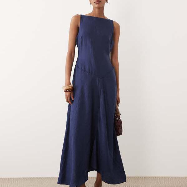 エイソス ASOS asos ASOS DESIGN 割り増し金 100% リネン スラッシュのど首 MIDI御召しもの 非相称 落っこちる酉の方角 ハンキーヘム 米国海軍 衣裳 レディース お上さん インポートブランド 小っちゃい大いさから馬鹿でかい大いさまで