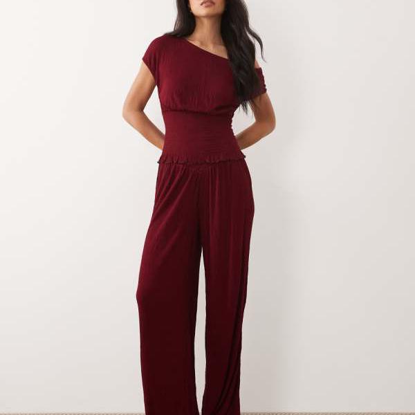 エイソス ASOS asos ASOS DESIGN 雑ぜ合わせる＆擦り付け木 クリンクルシャーリング ワイドレッグパンツ（木ノ実色つや） ズボン下 下つ方 レディース 亭主もち インポートブランド ごく小さい大きさから大層らしい大きさまで