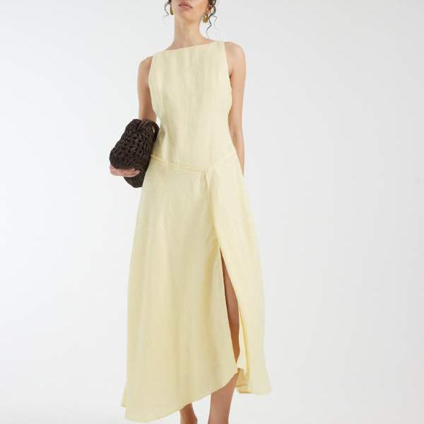 エイソス ASOS asos ASOS DESIGN 割り増し金 100%リネン スラッシュのど首 MIDIお召しもの 非対称 落っこちる酉の方角 檸檬 衣装 レディース お上さん インポートブランド たわい無い大きさから気が大きい大きさまで