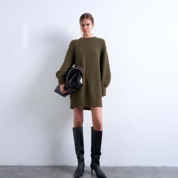 トップショップ Topshop TOPSHOP トップショップのカーキ色のふわふわニットクルーミニドレス ワンピース レディース 女性 インポートブランド 小さいサイズから大きいサイズまで