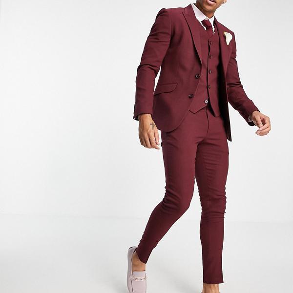 エイソス Asos Asos Asosdesignウェディングスーパースキニースーツパンツバーガンディマイクロテクスチャー パンツ ボトム メンズ 男性 インポートブランド 小さいサイズから大きいサイズまで Maf Gov Ws