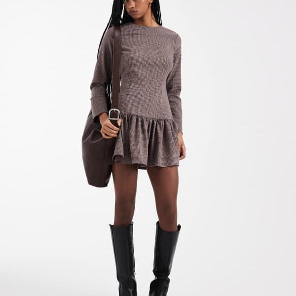 エイソス ASOS asos ASOS DESIGN マイクロチェック ドロップウエスト ミニドレス ワンピース レディース 女性 インポートブランド 小さいサイズから大きいサイズまで