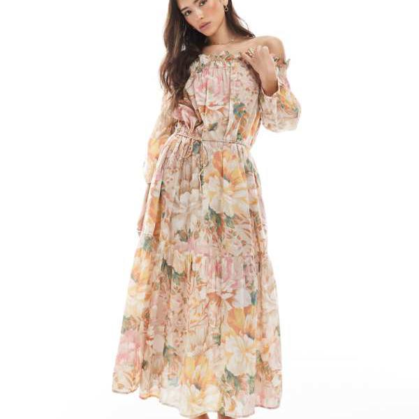 ヴェロモーダ Vero Moda ヴェロモーダのオフショルダーティアードマキシドレス（牡丹の花柄） ワンピース レディース 女性 インポートブランド 小さいサイズから大きいサイズまで