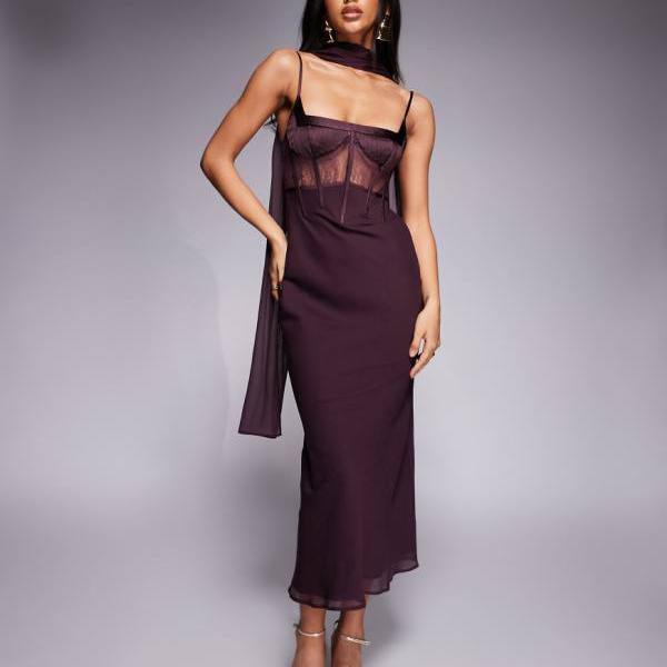 エイソス ASOS asos ASOS DESIGN キャミソール＆レース スリップ ミディドレス（スカーフディテール付き、マルベリー） ワンピース レディース 女性 インポートブランド 小さいサイズから大きいサイズまで