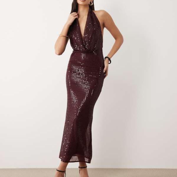 Bardot Nola スパンコール付きプランジネックミディドレス(ディーププラム) ワンピース レディース 女性 インポートブランド 小さいサイズから大きいサイズまで|セレクトショップ Diva Closet