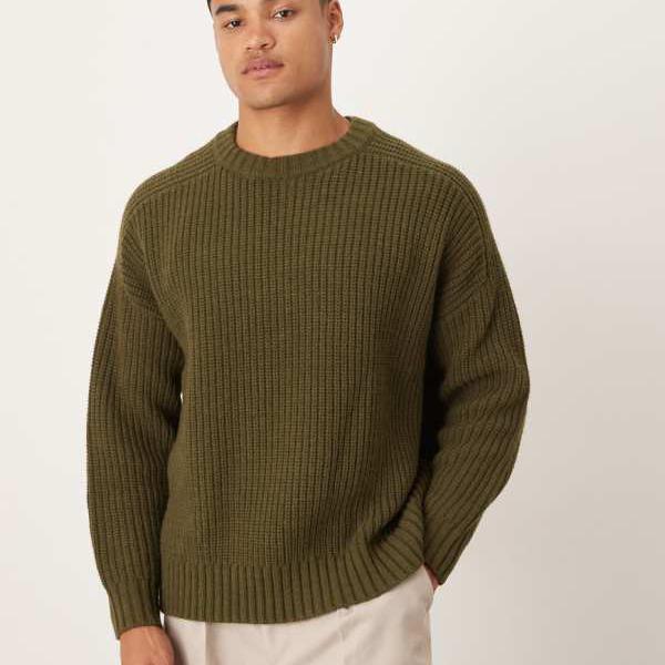 エイソス ASOS asos ASOS DESIGN オーバーサイズ ヘビーウェイト ニットウールブレンド リブ ジャンパー（カーキ マール） トップス メンズ 男性 インポートブランド 小さいサイズから大きいサイズまで