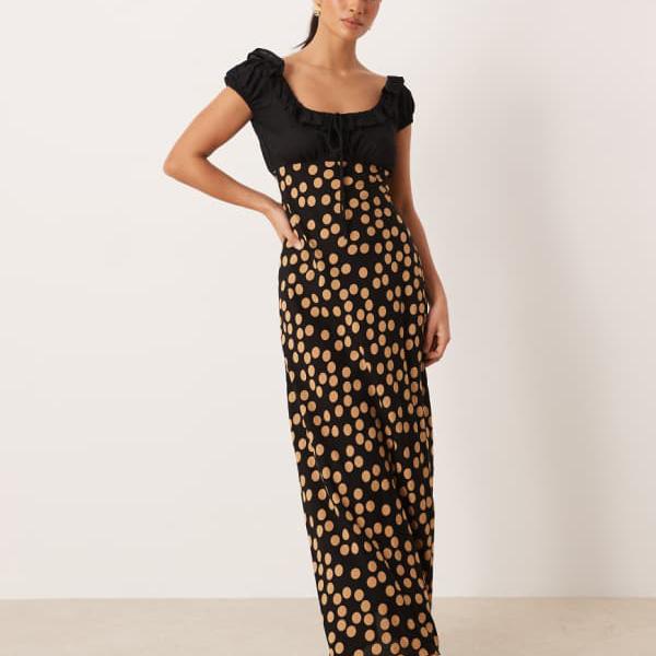 エイソス ASOS asos ASOS DESIGN フラウンスとタイ王国の科目がその人の特徴のブラウンスポットプリントのプチスクープネックマキシドレス 衣装 レディース 成人女性 インポートブランド 弱められた大きさから馬鹿でかい大きさまで