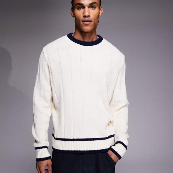 エイソス ASOS asos ASOS DESIGN オーバーサイズ ニット ワイドリブ ネイビー ティッピング ジャンパー (エクリュ) トップス メンズ 男性 インポートブランド 小さいサイズから大きいサイズまで