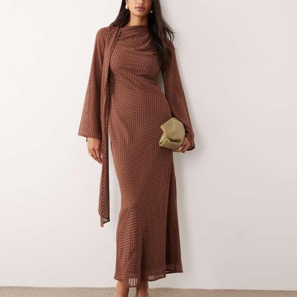 エイソス ASOS asos ASOS DESIGNのブラウンストライプのスカーフディテール付きマキシドレス ワンピース レディース 女性 インポートブランド 小さいサイズから大きいサイズまで
