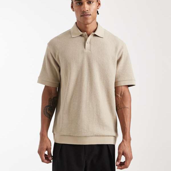 エイソス ASOS asos ASOS DESIGN ベージュ起毛コットン ヘビーウェイト リラックスポロシャツ トップス メンズ 男性 インポートブランド 小さいサイズから大きいサイズまで
