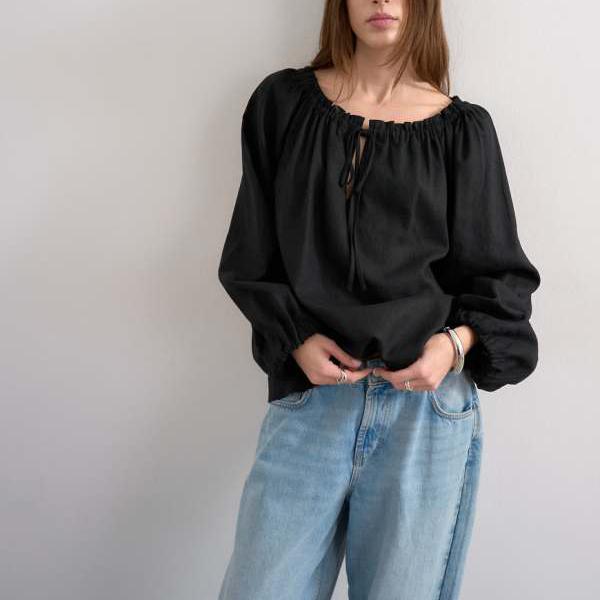 トップショップ Topshop TOPSHOP トップショップのトラペーズリネンタイフロントブラウス（ブラック） トップス レディース 女性 インポートブランド 小さいサイズから大きいサイズまで