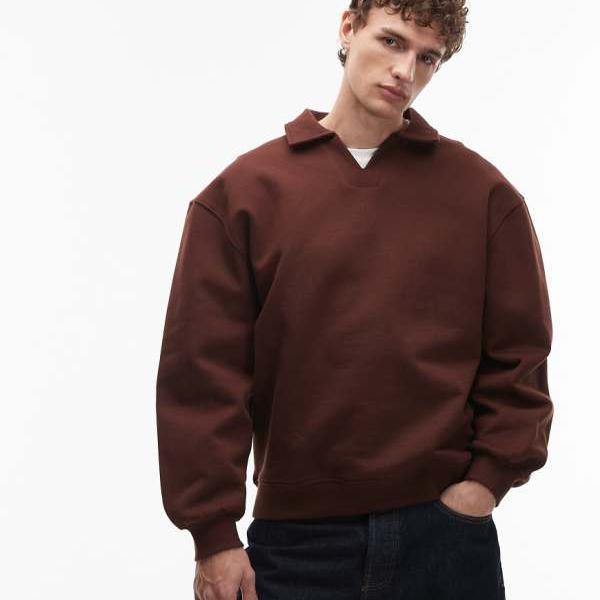 エイソス ASOS asos ASOS DESIGN 厚地の外套大きさ ヘビーウェイト 400gsm 切れ込み素っ首 ポロ トレーナー（うす暗い赤銅色） トップス メンズ 成人男性 インポートブランド 弱められた大きさから馬鹿でかい大きさまで